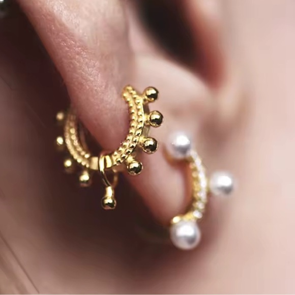 New Drop! Gold Beaded Fringe Boho Dangle Huggie Hoop Earrings - Picture 2 of 2